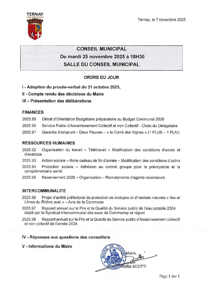 Image du document Ordre du Jour du Conseil Municipal du 25 novembre 2025