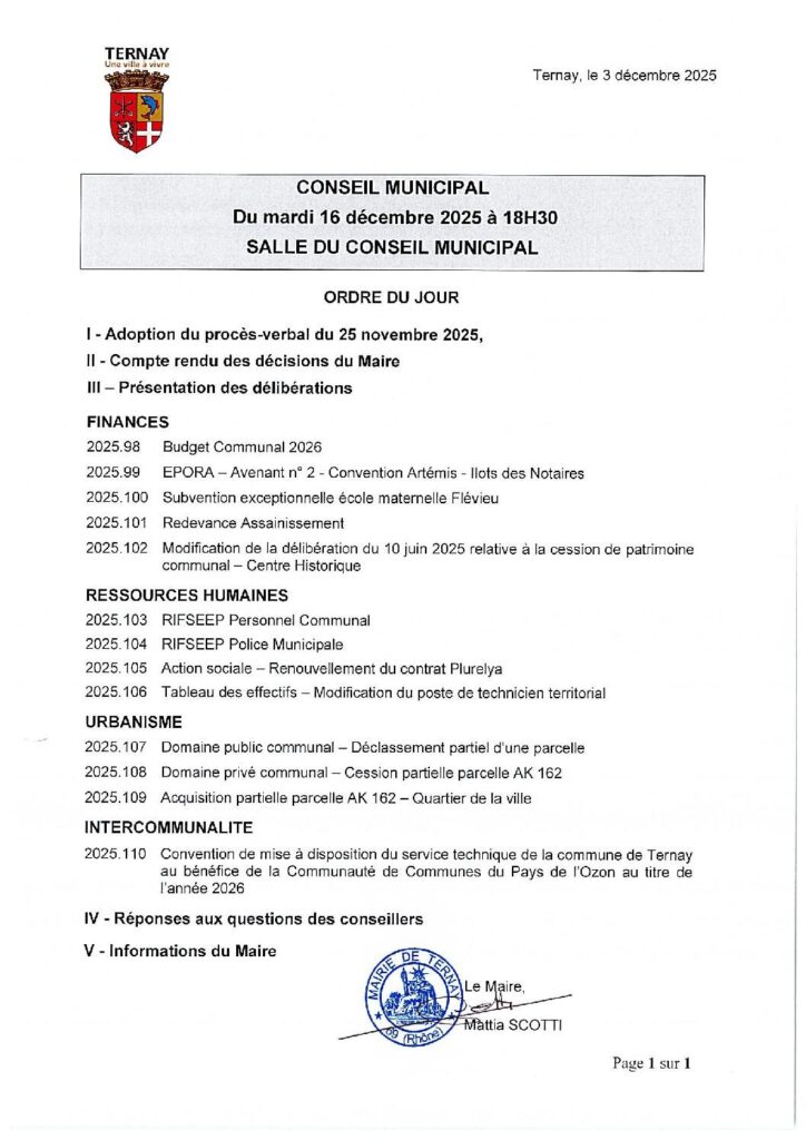 Image du document ordre du jour de la séance du 16 décembre 2025