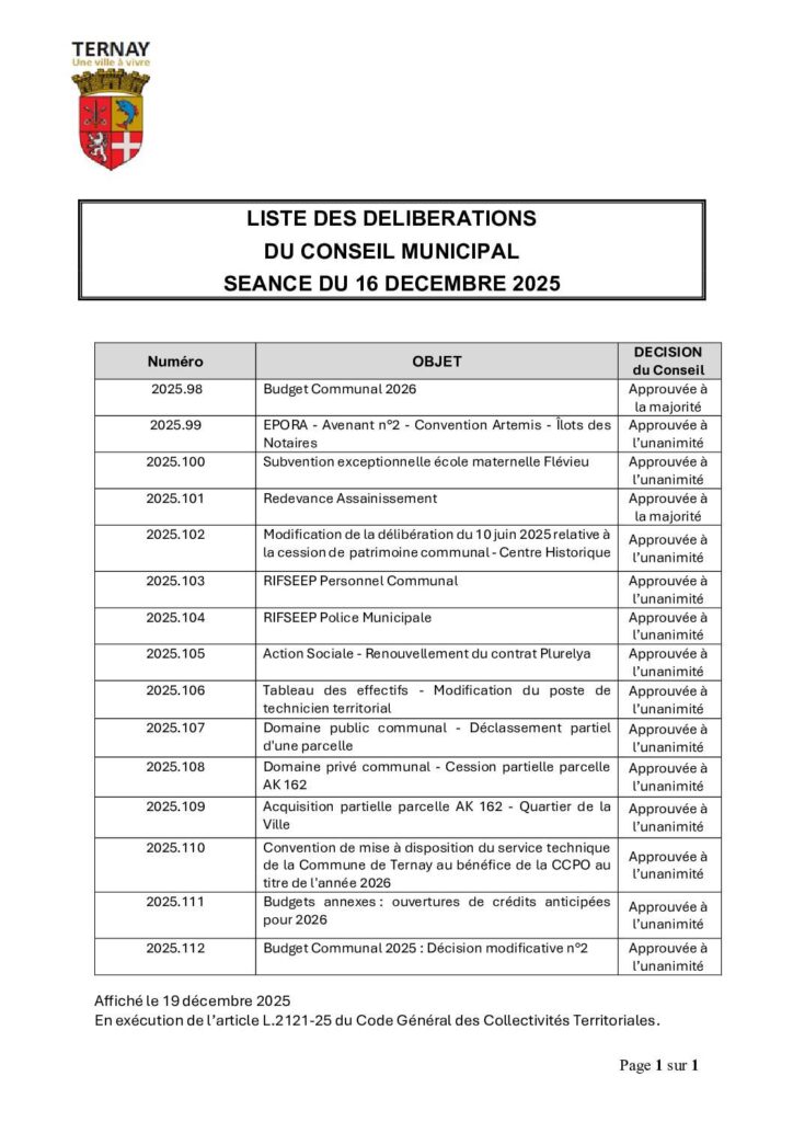 Image du document liste des délibérations approuvées en séance du 16 décembre 2025