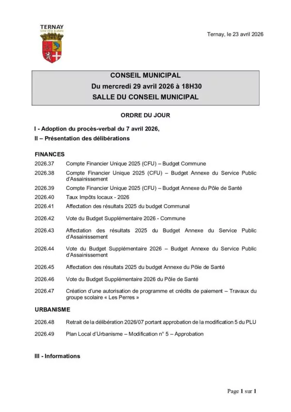 Image du document Ordre du jour du conseil municipal du 29 avril 2026
