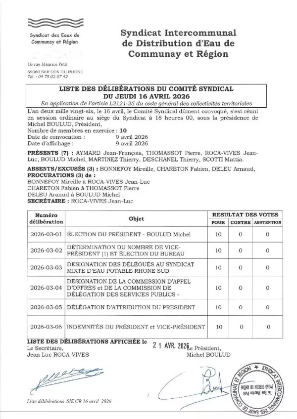 Image du document Liste délibérations du comité syndical Syndicat des Eaux de Communay et Région du 16 avril 2026