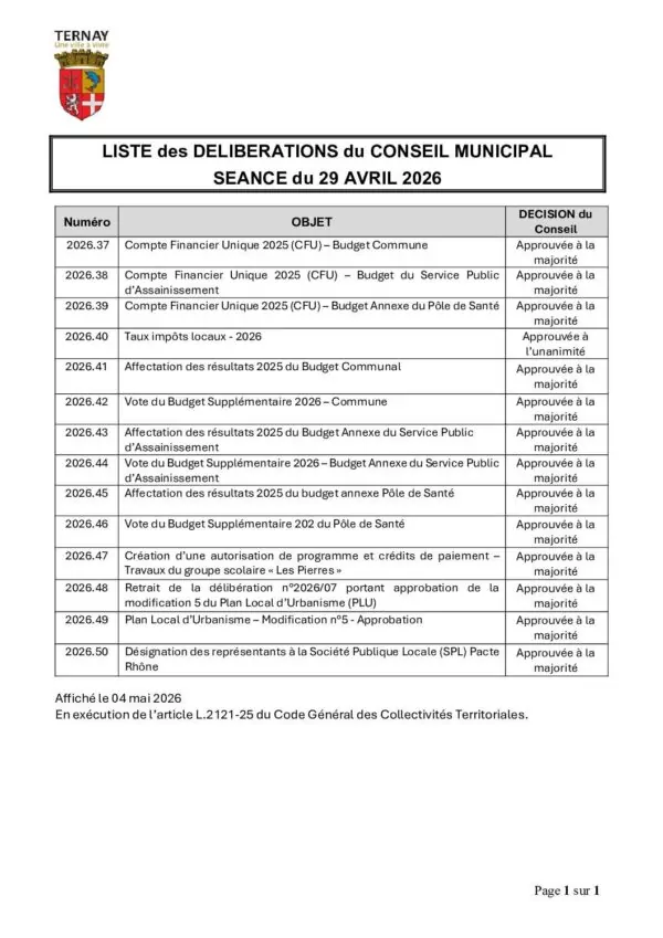 Image du document Liste des délibérations adoptées en séance du 29 avril 2026