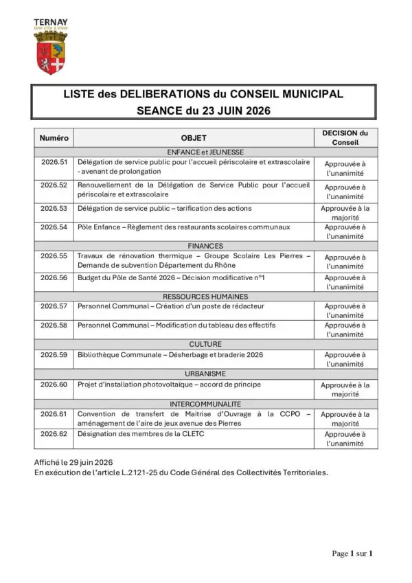 Image du document Liste des délibérations adoptées au Conseil Municipal du 23 juin 2026
