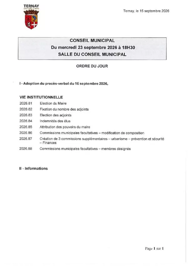 Image du document ordre du jour du Conseil Municipal du 23 septembre 2026 – élection maire et adjoints