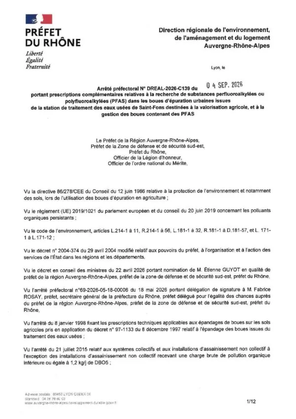 Image du document ARRETE PREFECTORAL du 4 09 2026 – PFAS boues épuration Système Assainissement St Fons