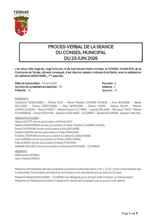 Image du document Procès Verbal du conseil municipal du 23 juin 2026