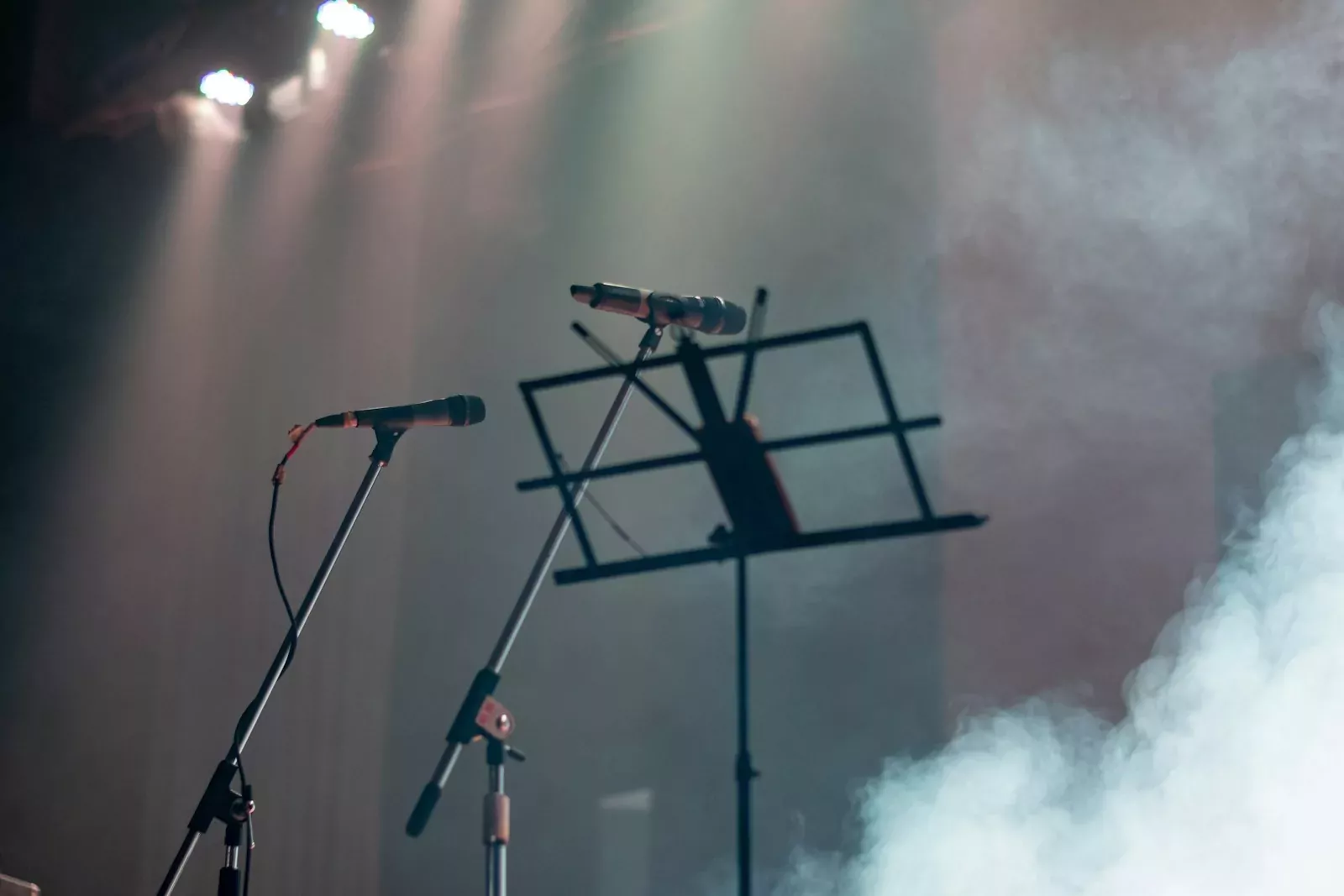 a microphone and a keyboard on a stage